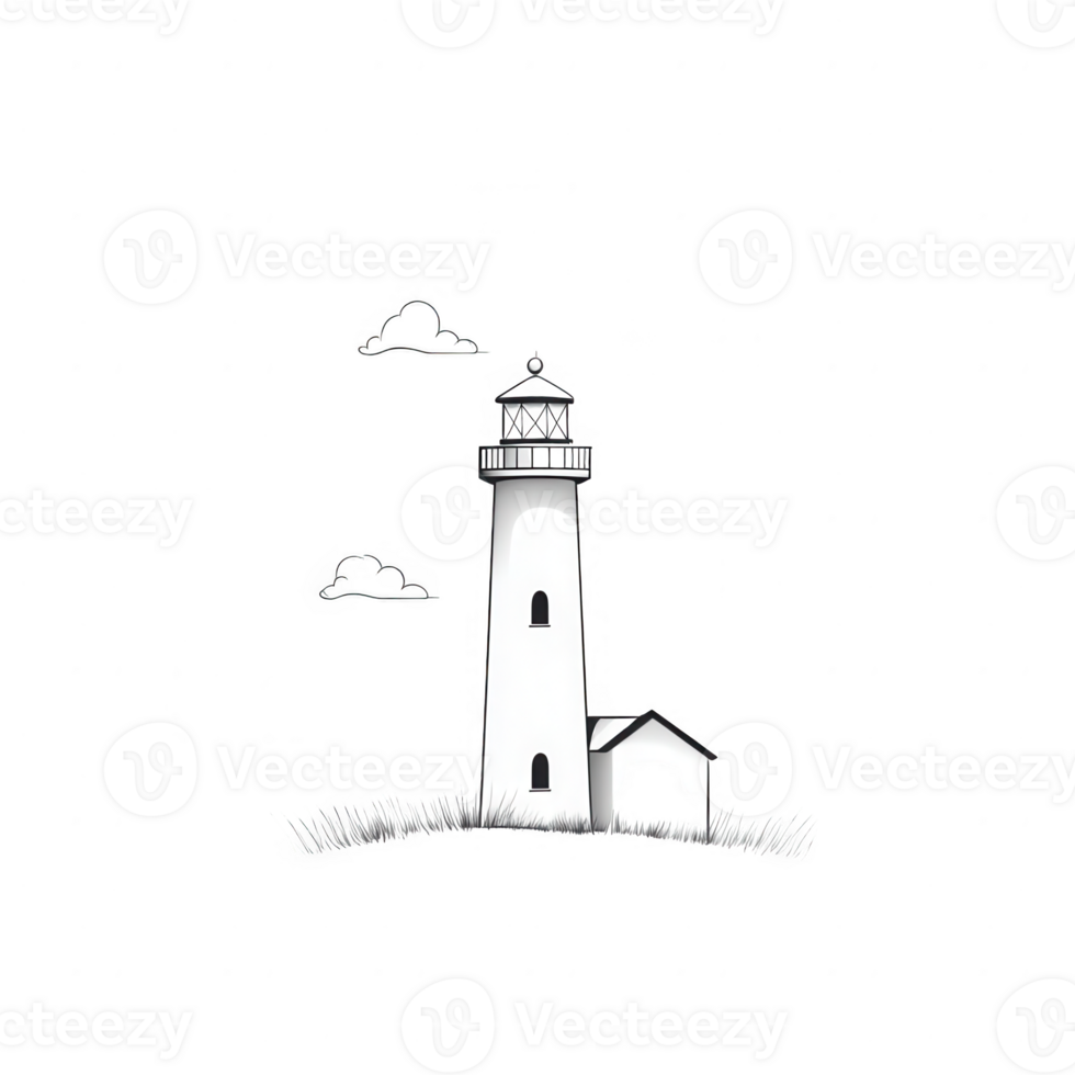 A stylized lighthouse illustration with clouds and grass, symbolizing guidance and safety. png