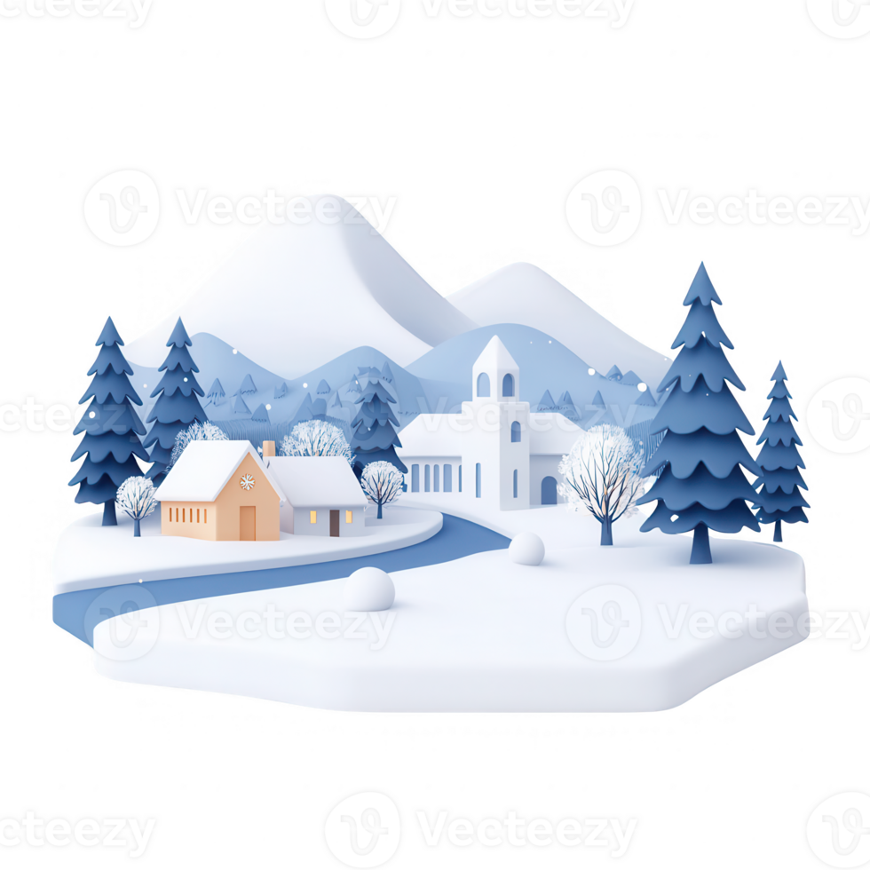 A serene winter landscape featuring snow-covered mountains and quaint houses. png