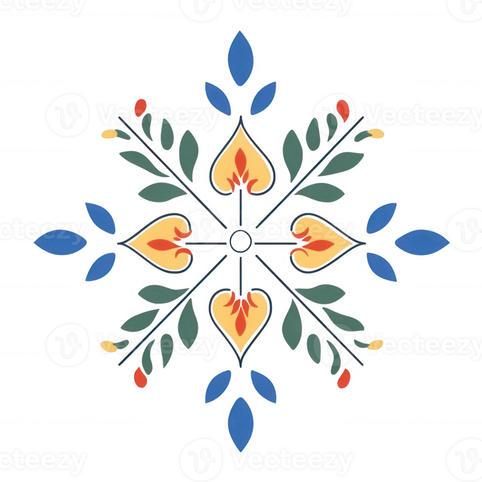 A vibrant floral design with colorful petals and leaves arranged symmetrically. png