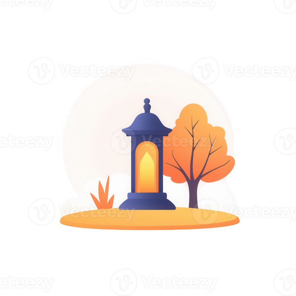 A stylized lantern surrounded by autumn trees, symbolizing warmth and tradition. png
