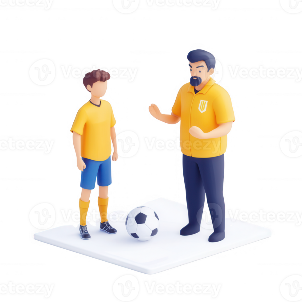 A soccer coach instructing a young player on the field during practice. png