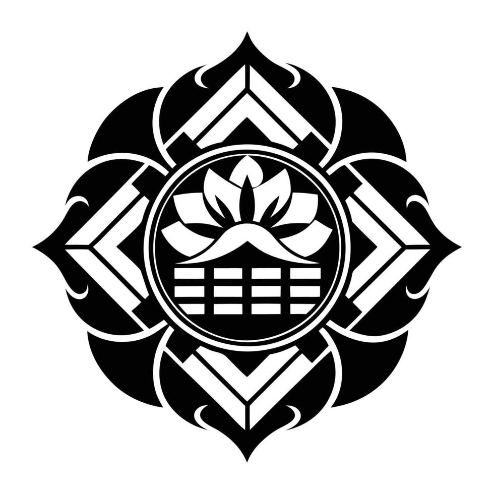 Japanese Mon Silhouette Black and White Lotus Design, Geometric Emblem vector