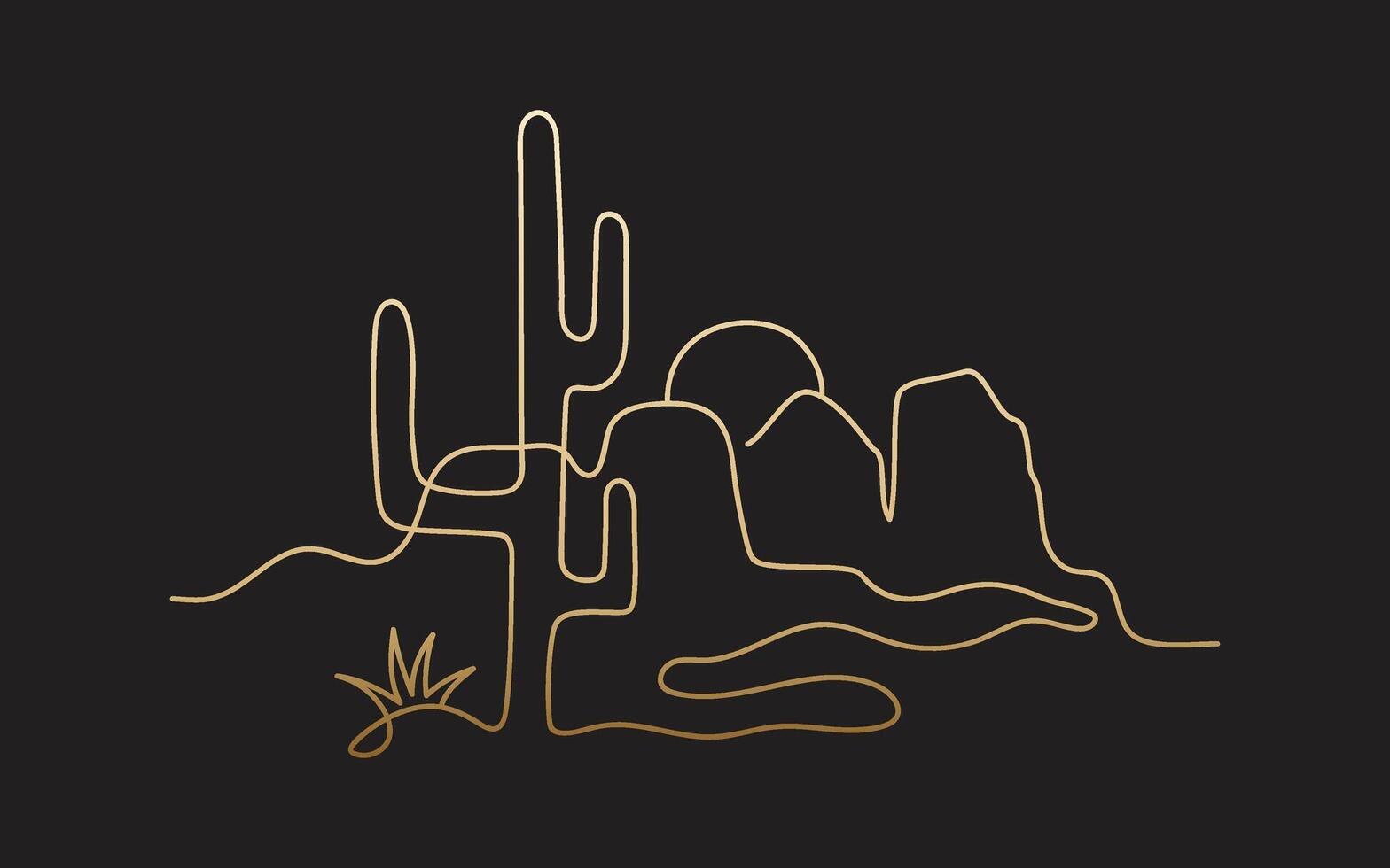 Gold silhouette desert landscape with saguaro cactus on the black background. Western sketch. Logo design. Horizontal banner. Illustration iminimal art. vector