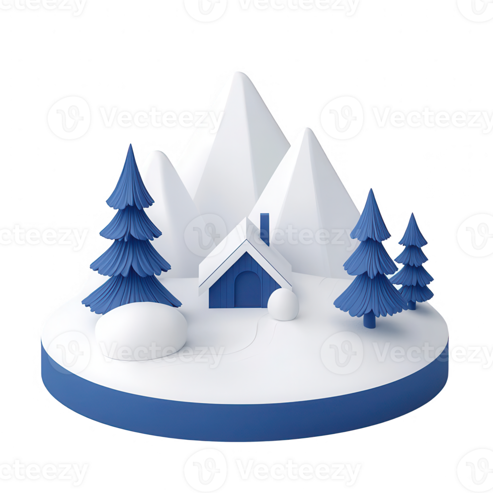A serene winter landscape featuring snowy mountains and a cozy cabin. png