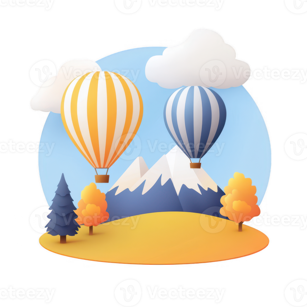 Colorful hot air balloons in a scenic landscape with mountains and trees. png