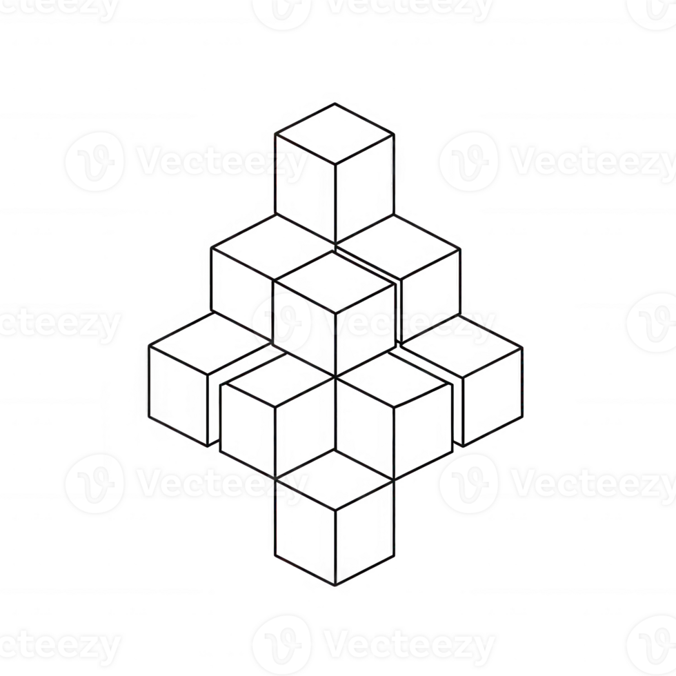 Abstract illustration of geometric blocks arranged in a layered pattern. png