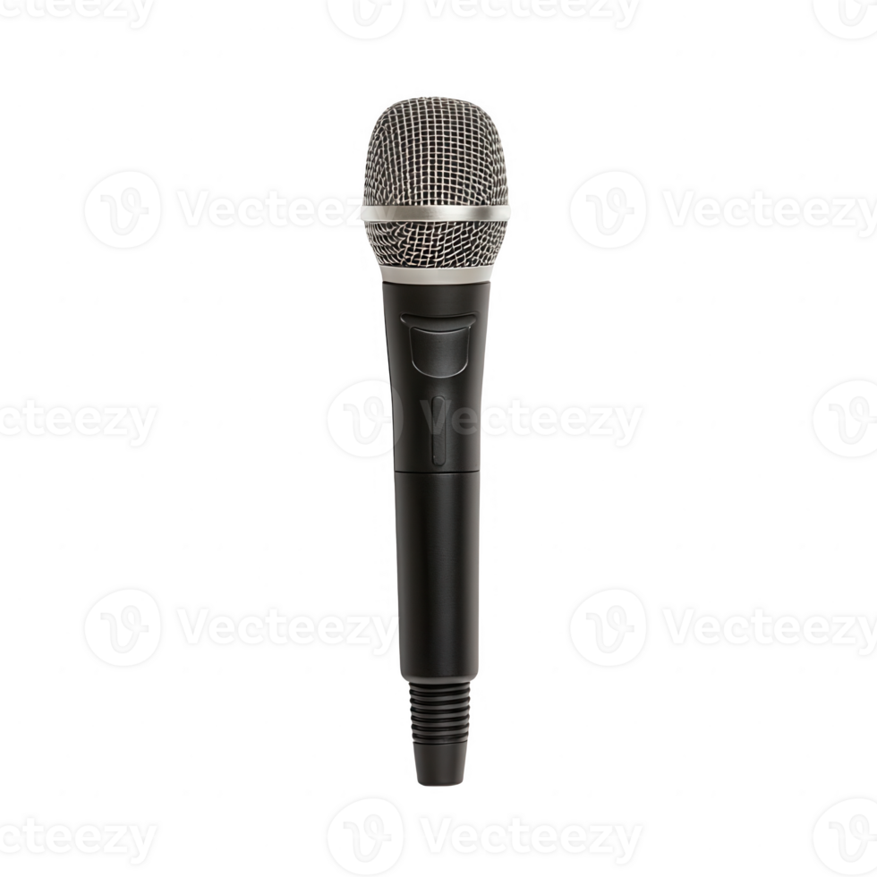 Close-up of a black handheld microphone isolated on a white background. png