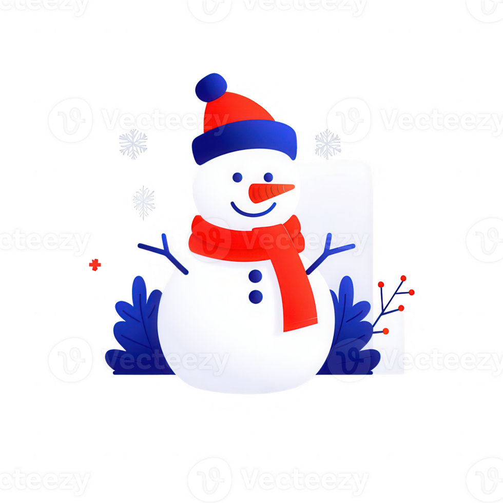 Cheerful snowman with a red scarf and blue hat surrounded by snow and foliage. png