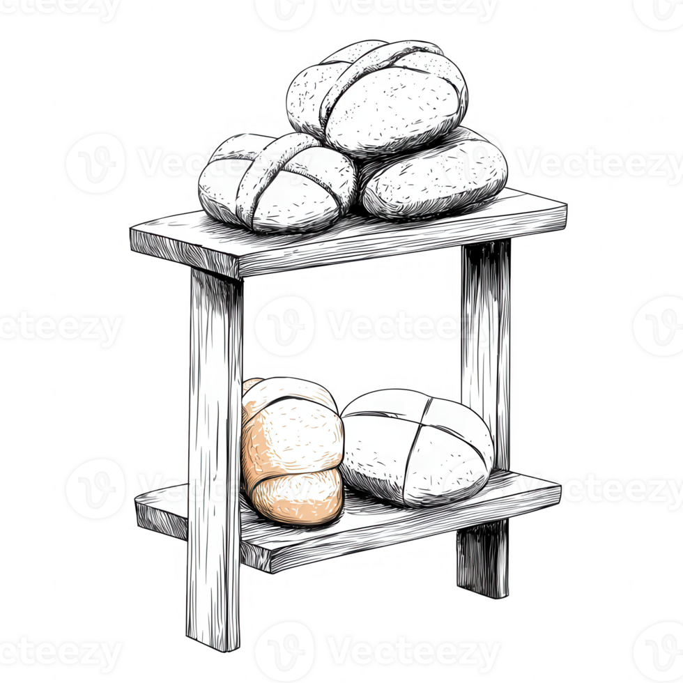 Artistic display of rustic bread loaves on a wooden shelf in a cozy kitchen setting. png
