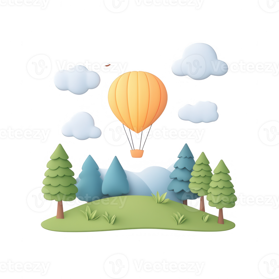 A whimsical hot air balloon soaring above a vibrant green landscape and colorful trees. png