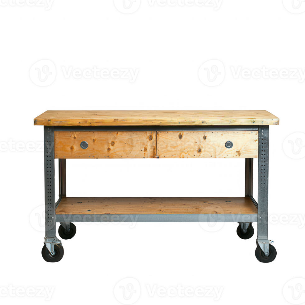 A wooden workbench with metal legs and wheels, ideal for various workshop tasks. png