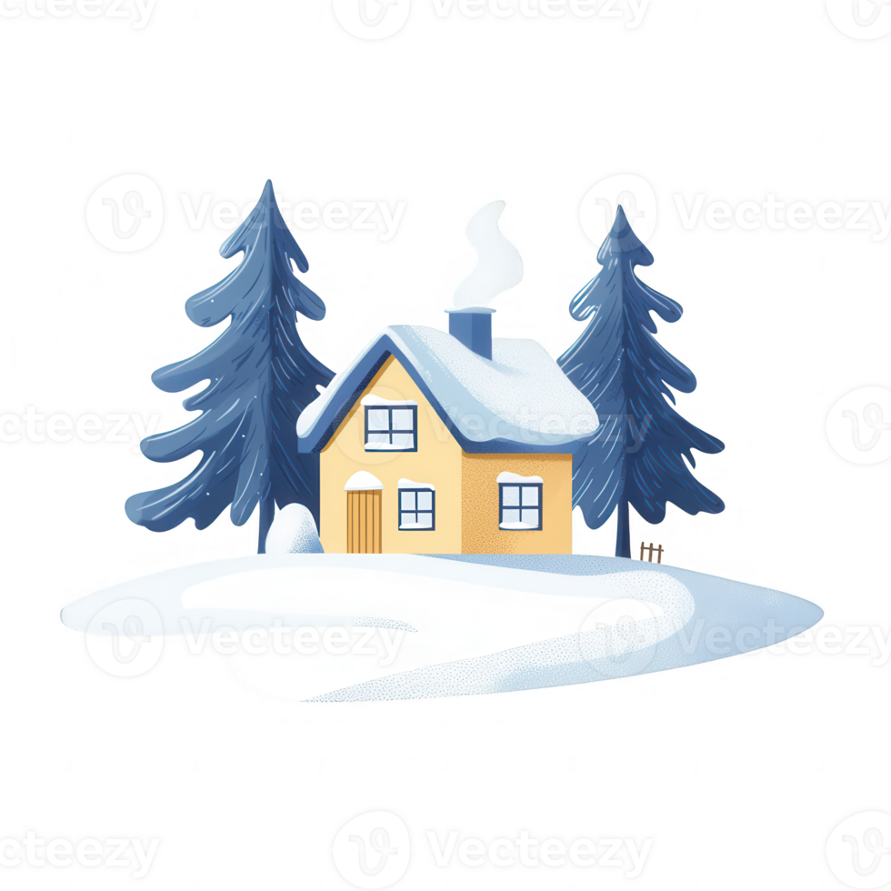 Charming yellow house surrounded by snow-covered trees in a tranquil winter landscape. png