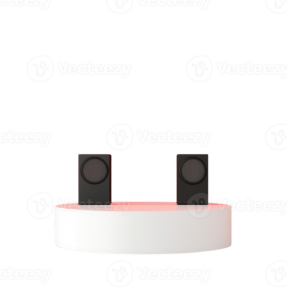 Minimalist computer speaker set displayed on a white platform with modern design. png