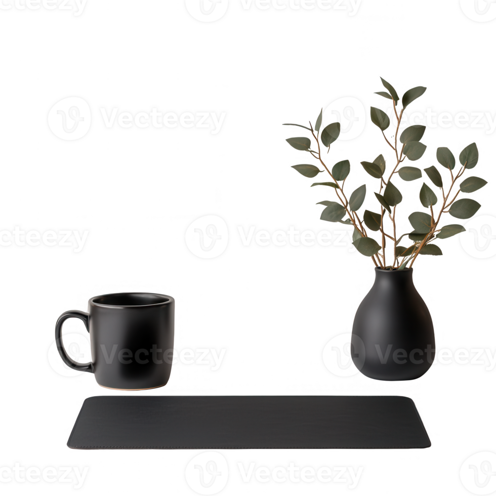 Minimalist workspace featuring a black mug and a sleek vase with foliage. png