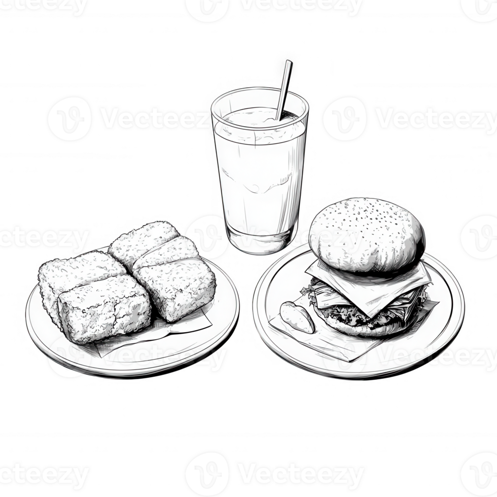 Delicious burger with sides and drink in a simple monochromatic illustration. png