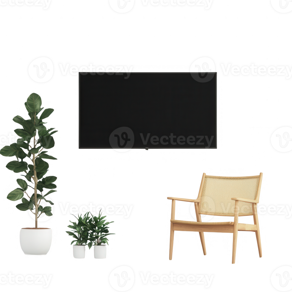 Elegant living room setup featuring plants and modern furniture with a TV. png