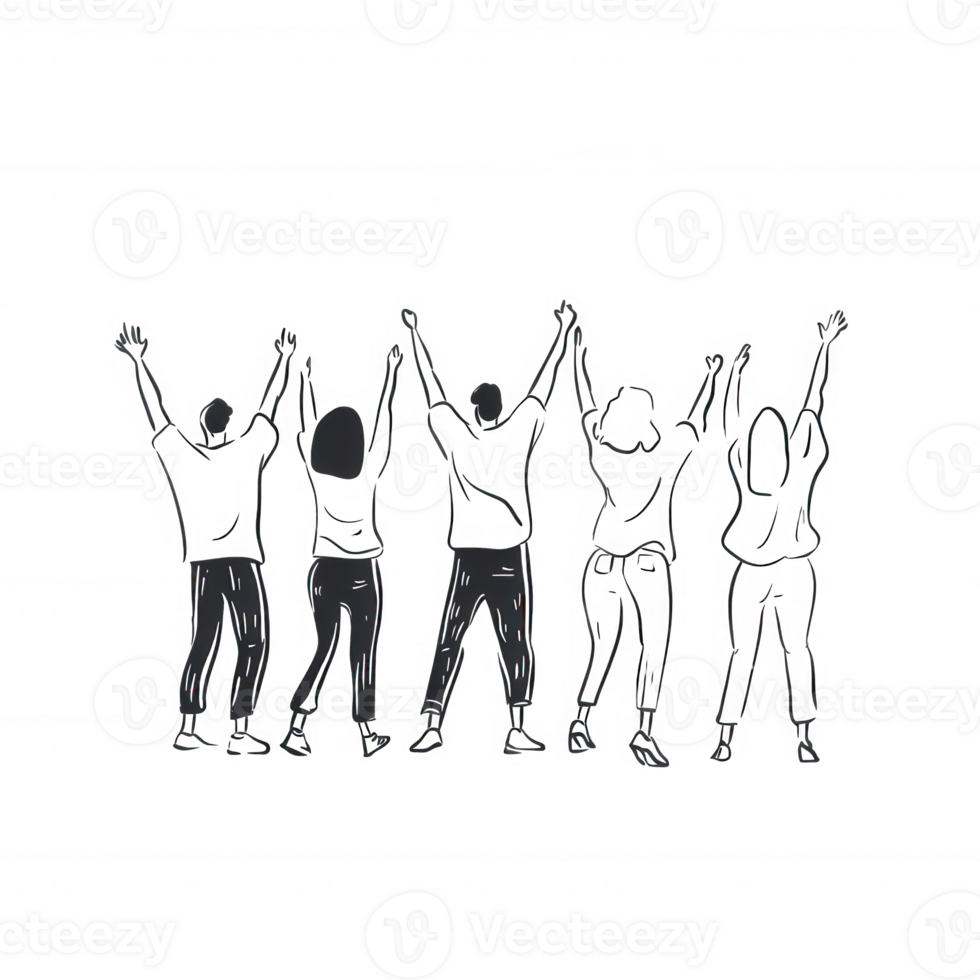 Group of diverse individuals celebrating together with raised arms in unity. png