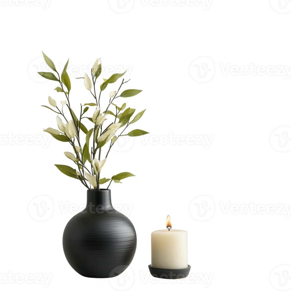 elegant vaas met groen en kaars voor elegant huis decor. png