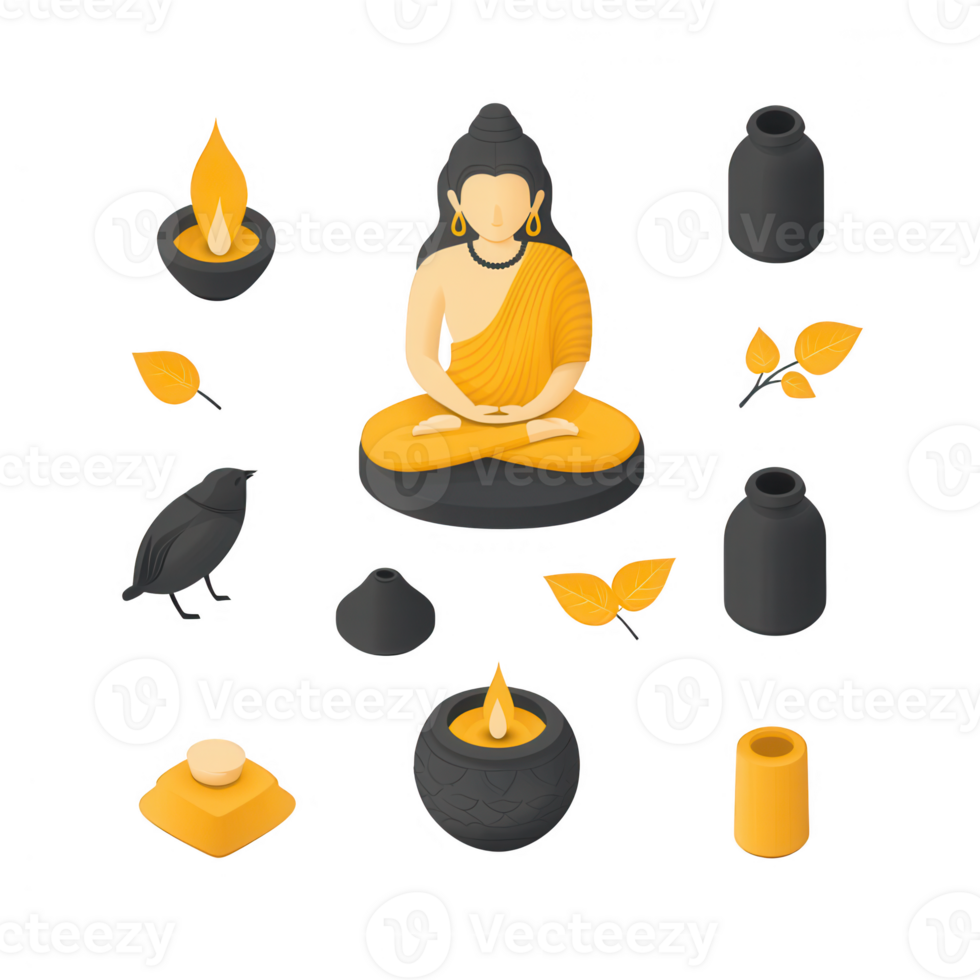 Illustration of a meditating figure surrounded by spiritual symbols. png