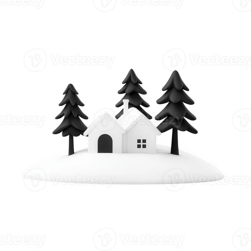 Minimalist white house surrounded by stylized evergreen trees on a snowy landscape. png