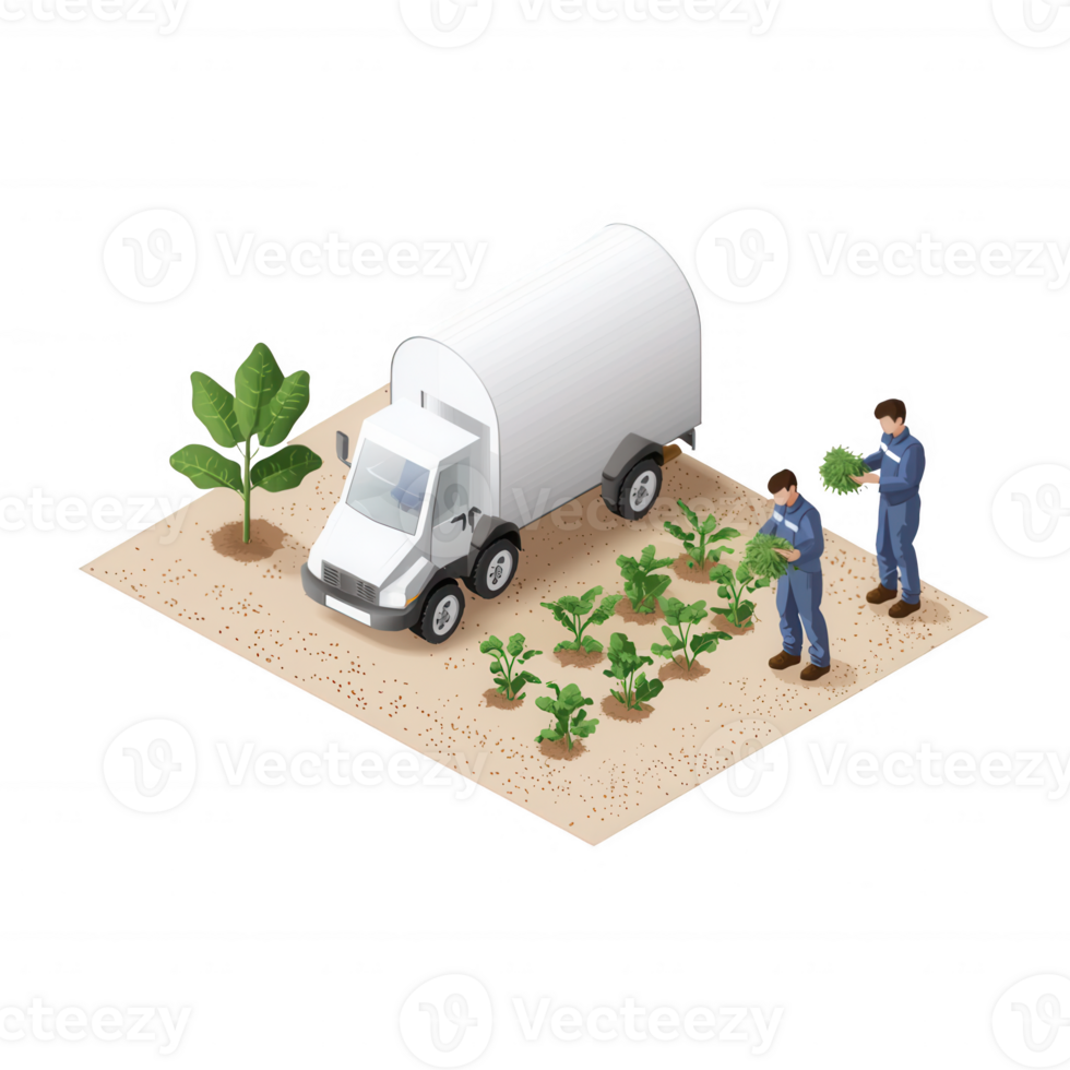 Farmers harvesting fresh vegetables with a truck in a vibrant farm setting. png