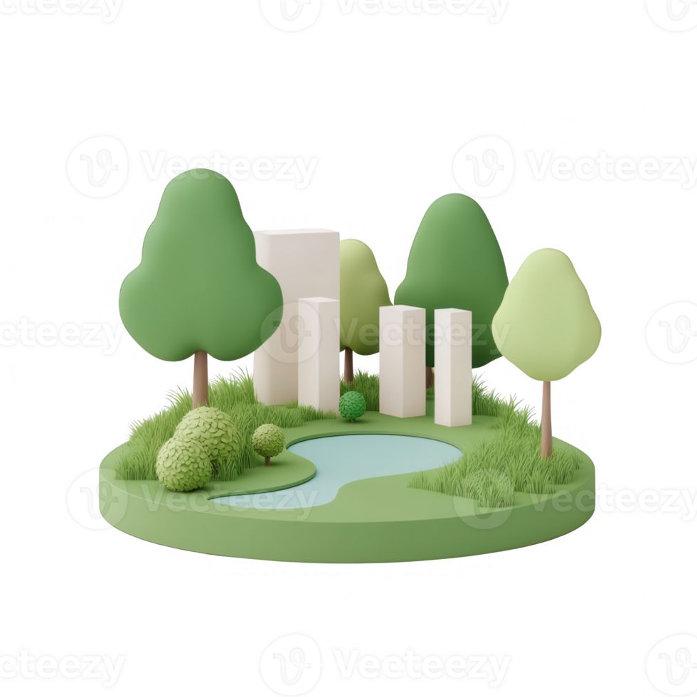 Stylized landscape with trees, water, and modern architecture in minimalistic design. png