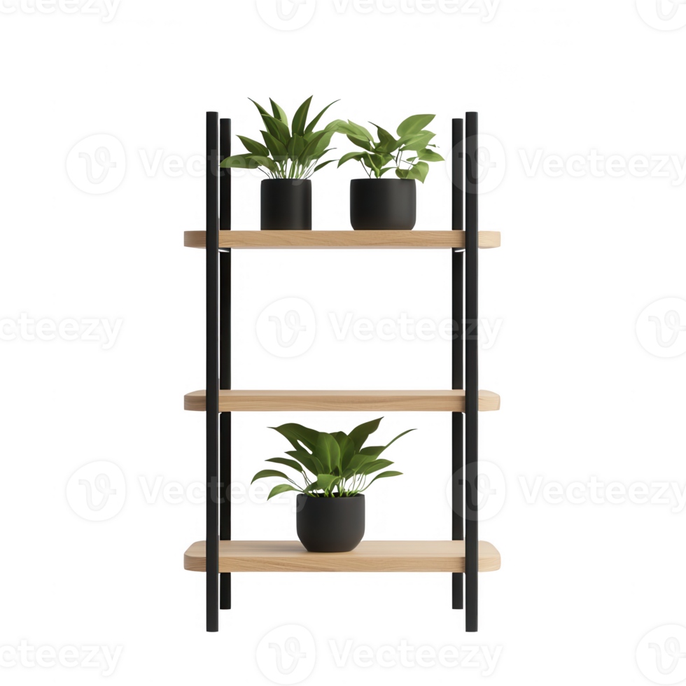 Stylish shelf with potted plants enhancing home decor and tranquility. png