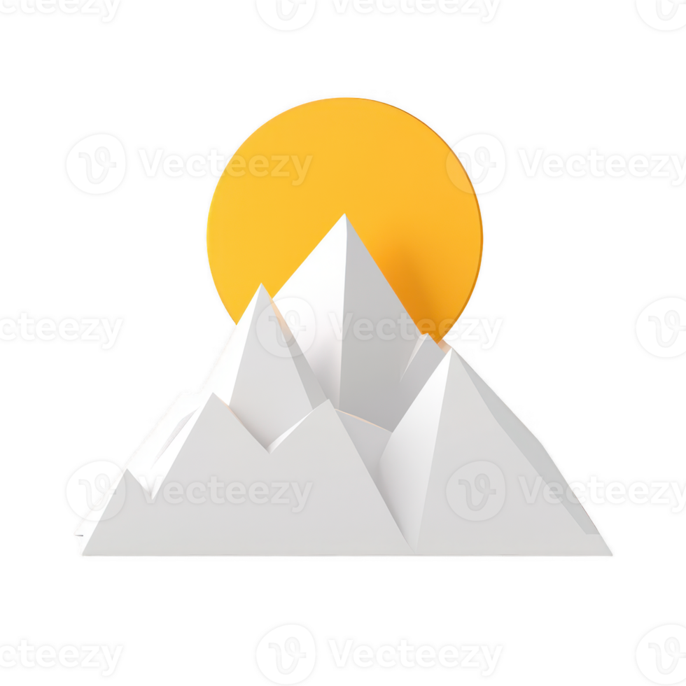 Stylized mountain landscape with bright sun creating a serene atmosphere. png