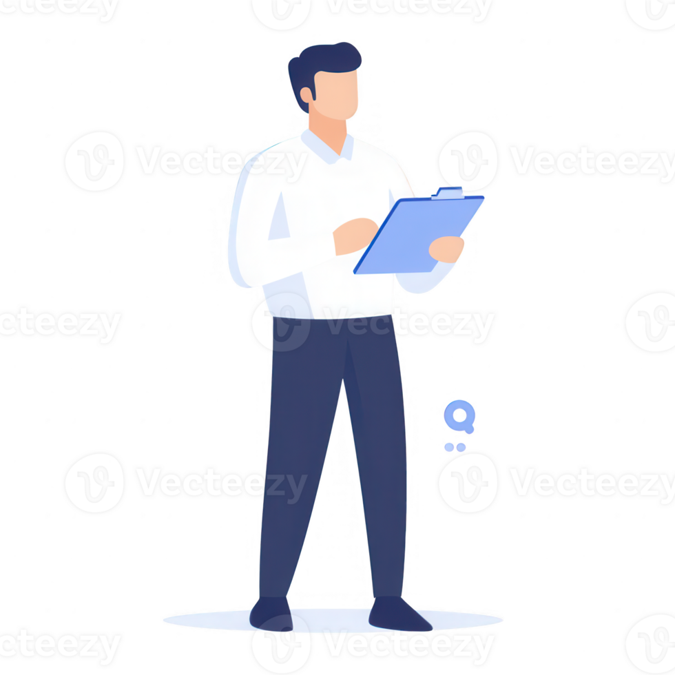 Professional man analyzing data while holding a clipboard, representing strategy and planning. png
