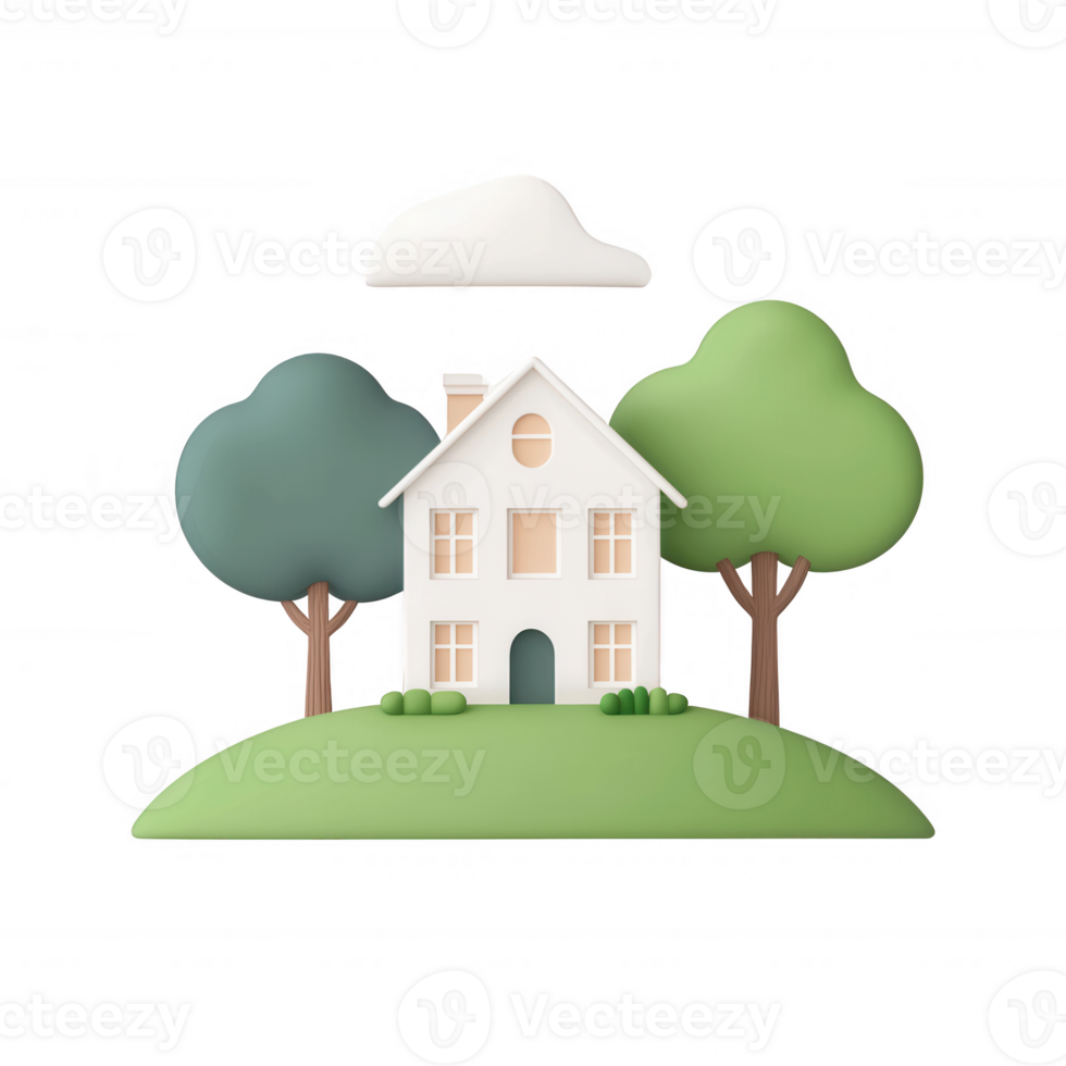 Stylish house surrounded by trees on a green hill with a few clouds in the sky. png