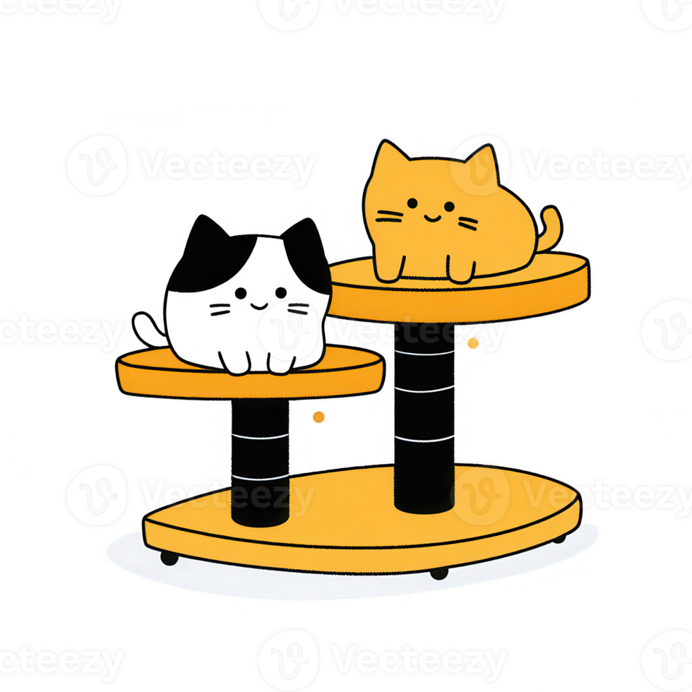 Two playful cats enjoying their time on a modern cat tree with colorful platforms. png