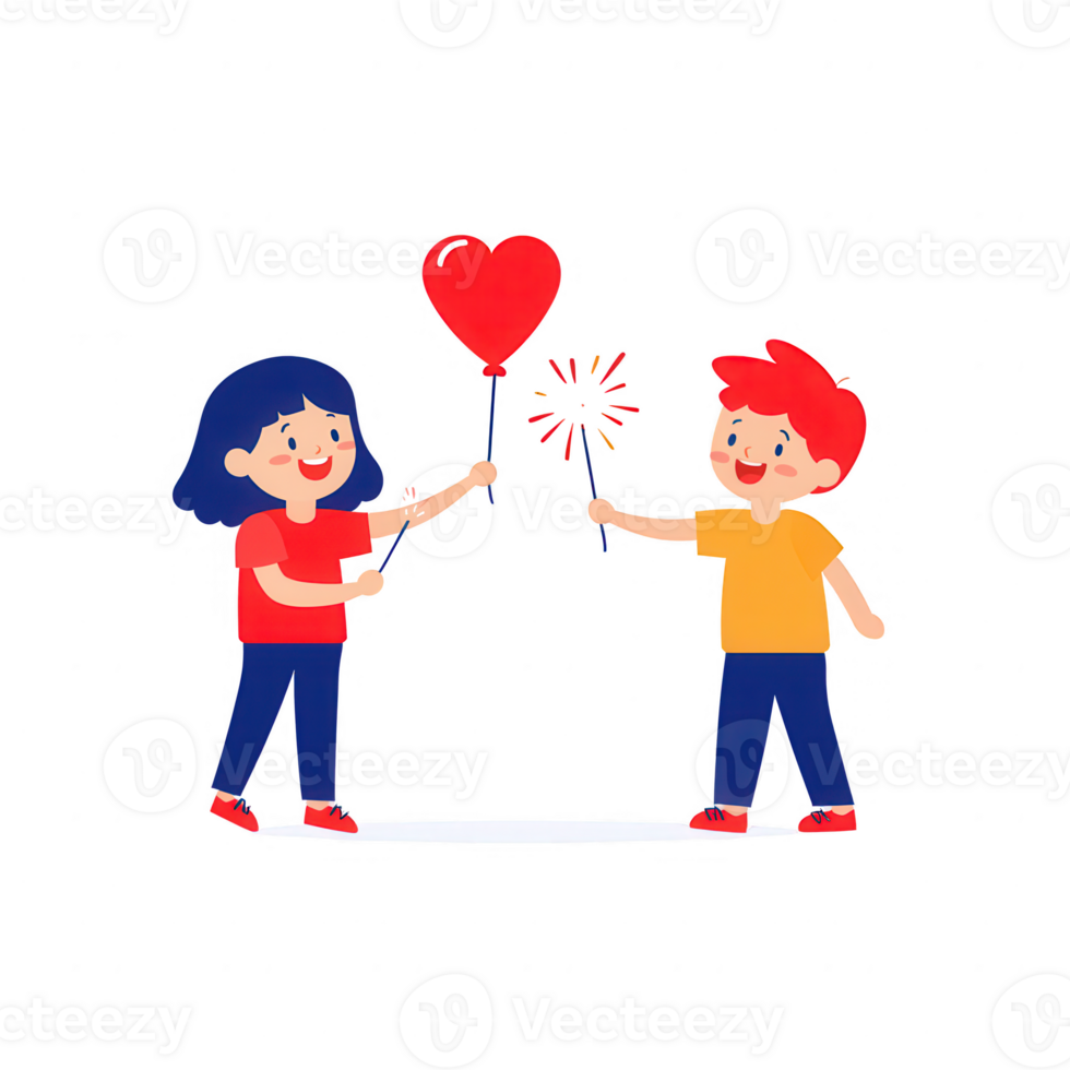 Two cheerful children sharing joy with balloons and fireworks, symbolizing friendship. png