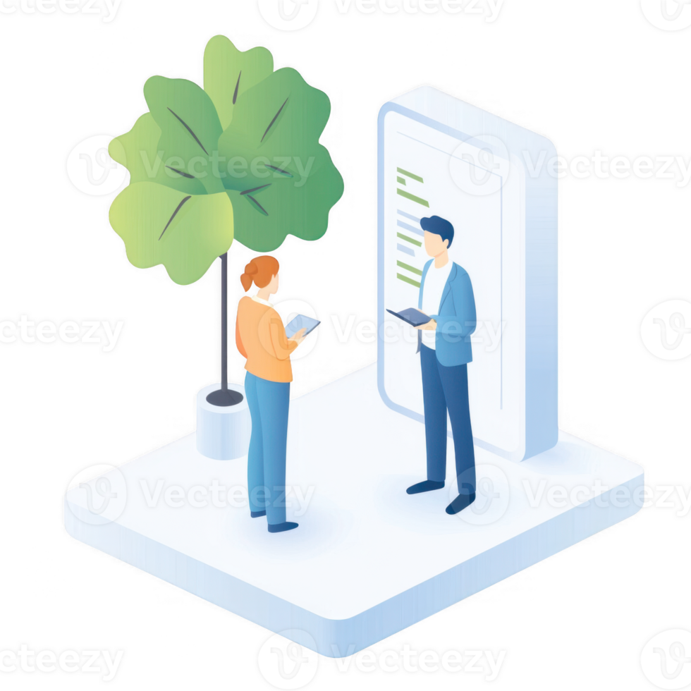 Two professionals discussing ideas in a modern, green workspace. png