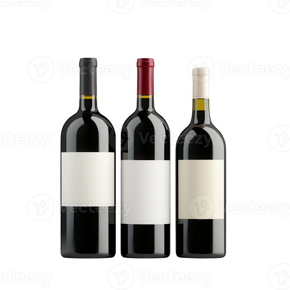 Three elegant wine bottles with blank labels, ideal for customized branding. png