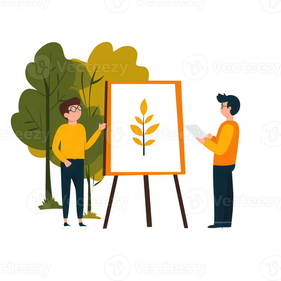 Two individuals showcasing a nature-inspired artwork amidst a vibrant outdoor setting. png