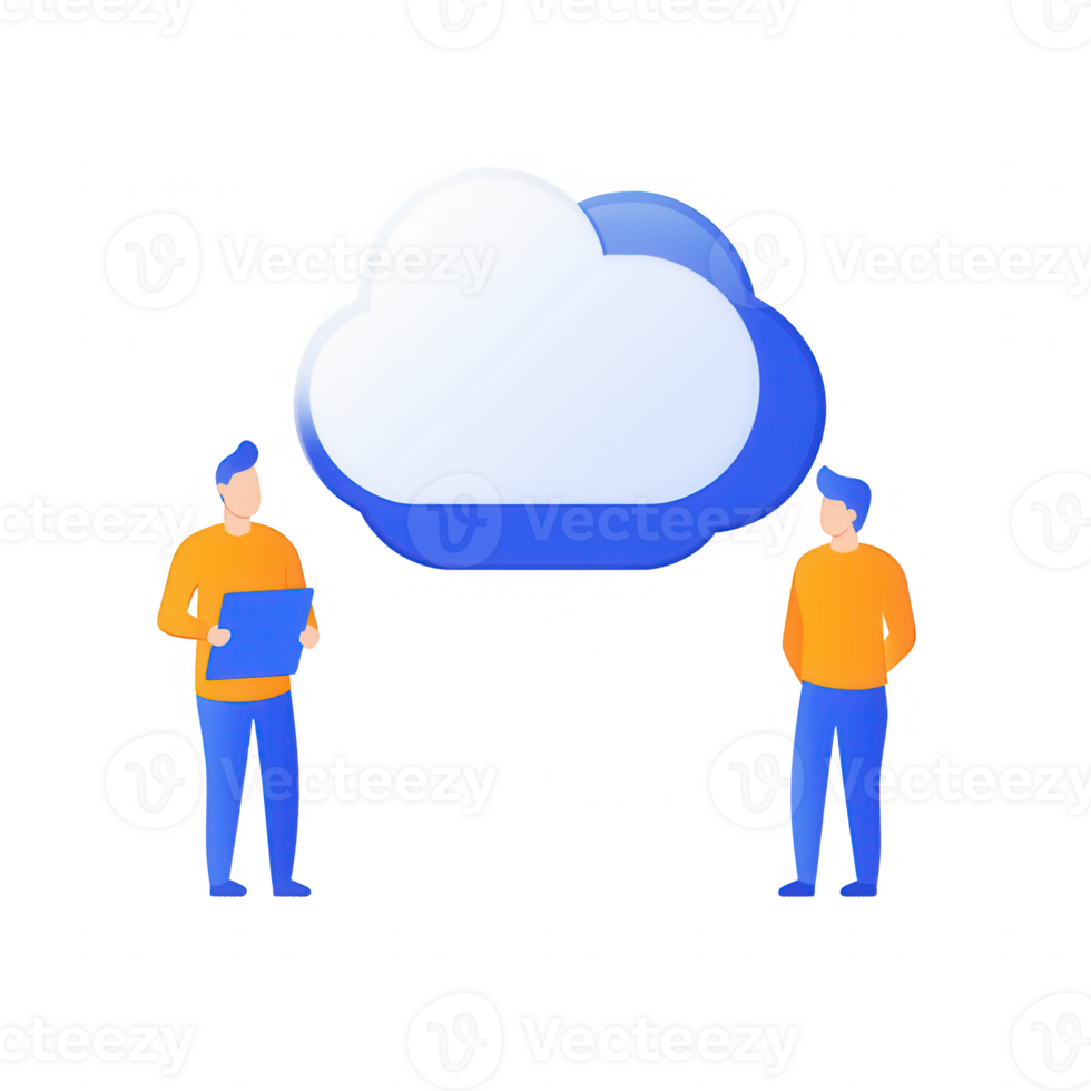 Two people discussing cloud computing with graphical cloud representation. png