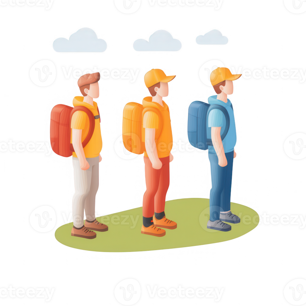 Three hikers with backpacks stand together, exploring nature and enjoying the outdoors. png
