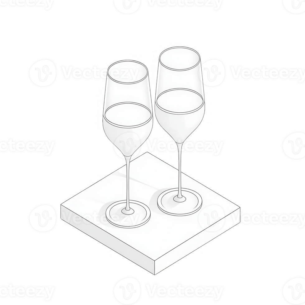 Two elegant champagne glasses standing on a minimalist white base, perfect for celebrations. png