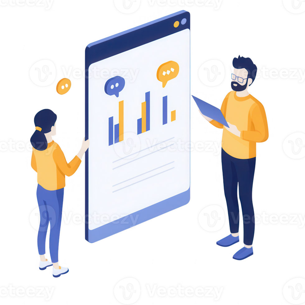 Two professionals analyzing data on a digital screen with charts and graphs. png