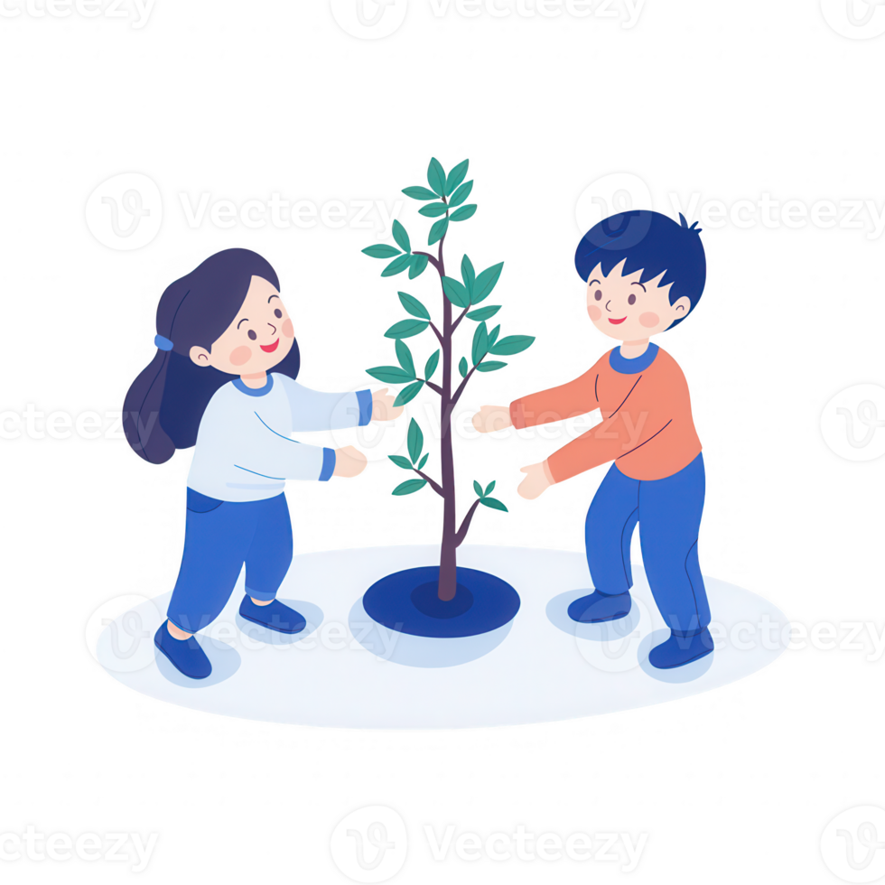 Two children joyfully planting a tree together in a vibrant, green environment. png