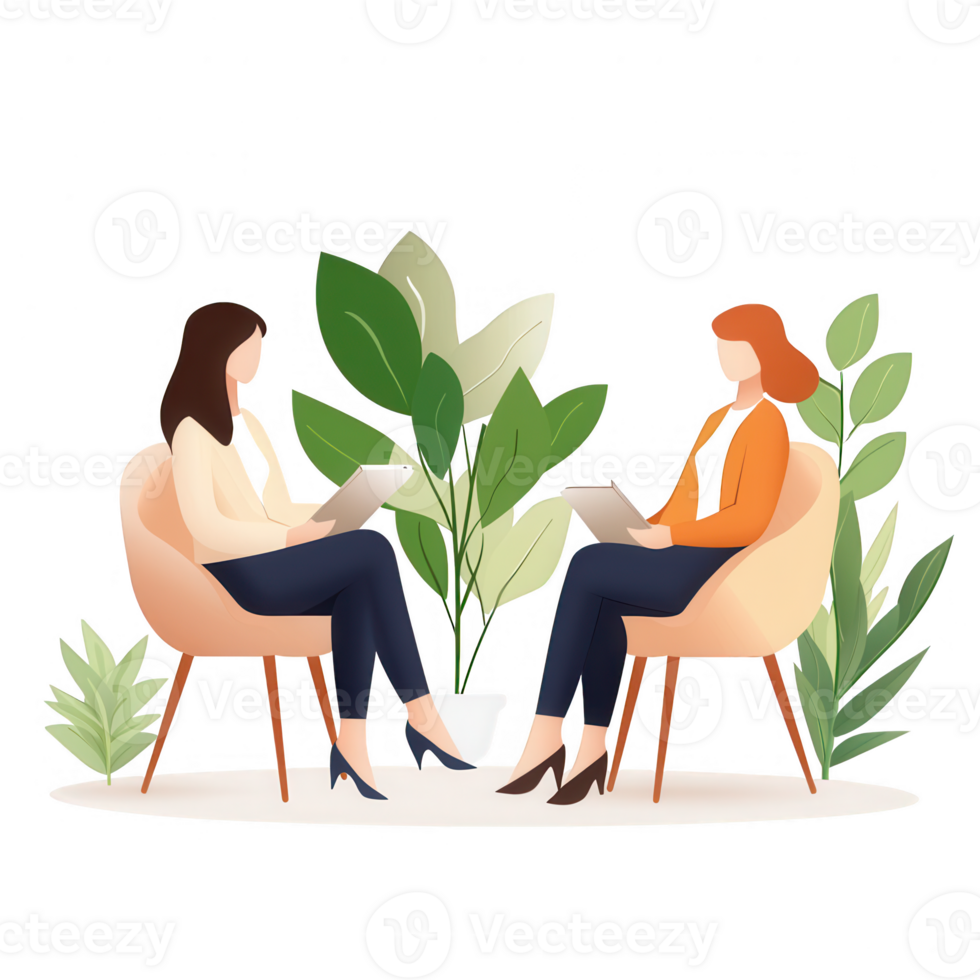 Two women engaged in conversation amidst lush, vibrant plants in a cozy setting. png