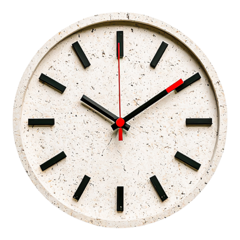 Minimalist Round Wall Clock with Black and Red Hands on White Face png