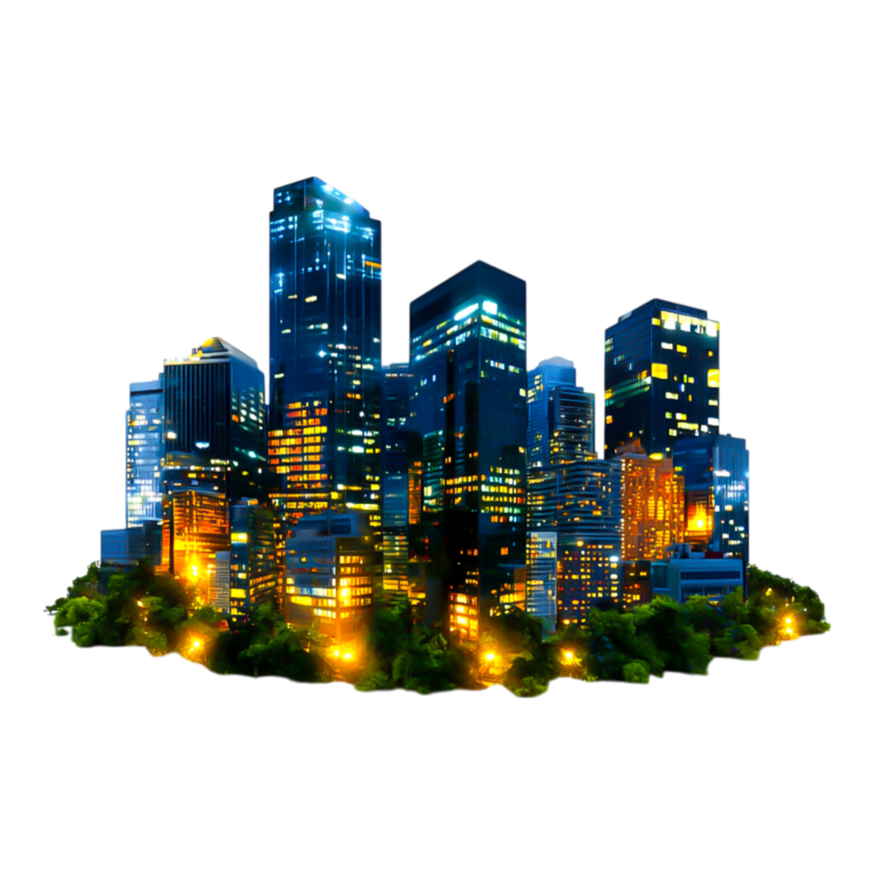 Vibrant Cityscape at Night with Illuminated Buildings and Greenery png