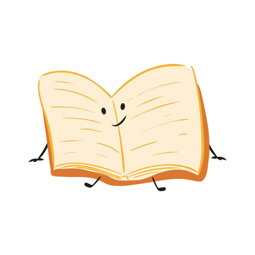 Cute book with open pages in flat design. Character with face for library. illustration isolated. vector