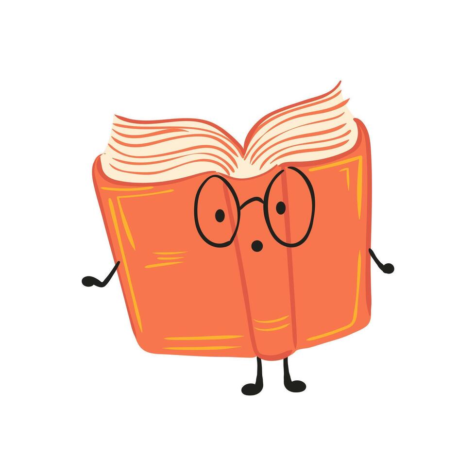 Surprised book in glasses in flat design. Cute library character with face. illustration isolated. vector