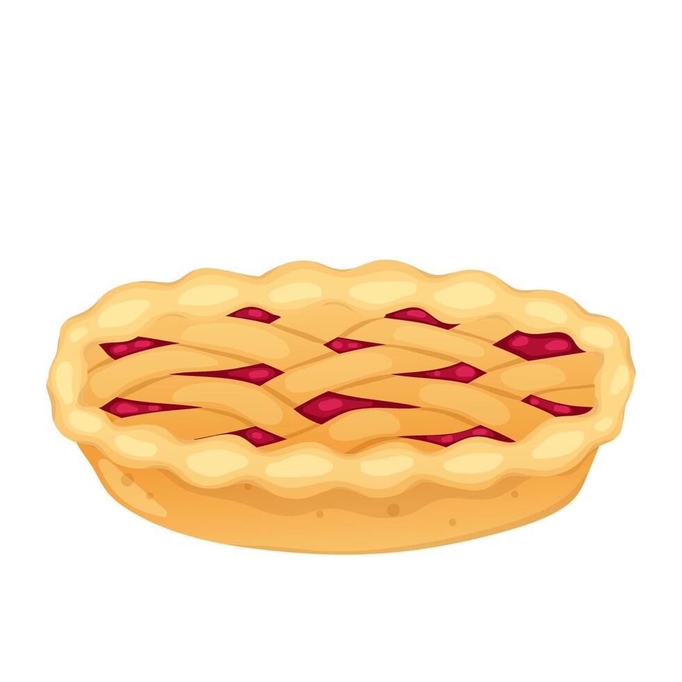 Cherry pie in flat design. Tasty homemade berry tart, sweet fruit cake. illustration isolated. vector