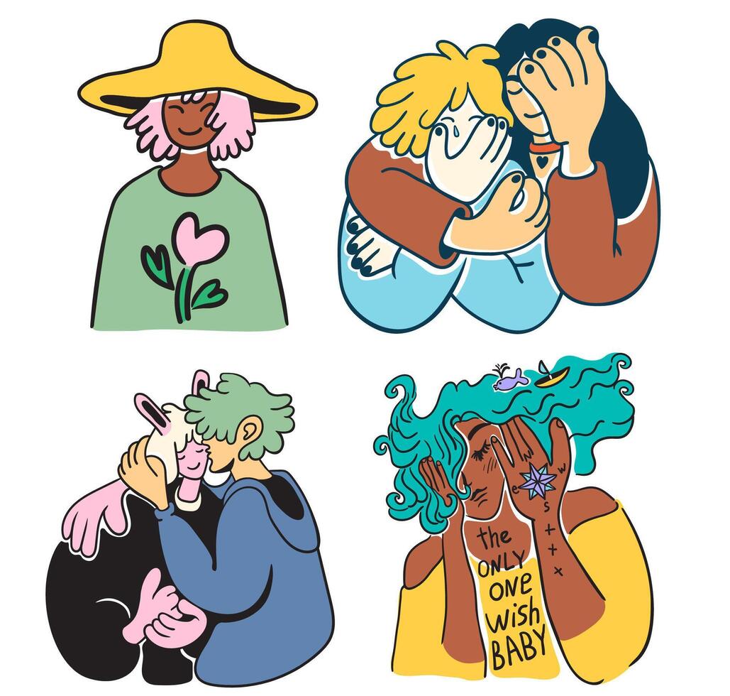 set of romantic couples and alone characters in doodle style in color vector