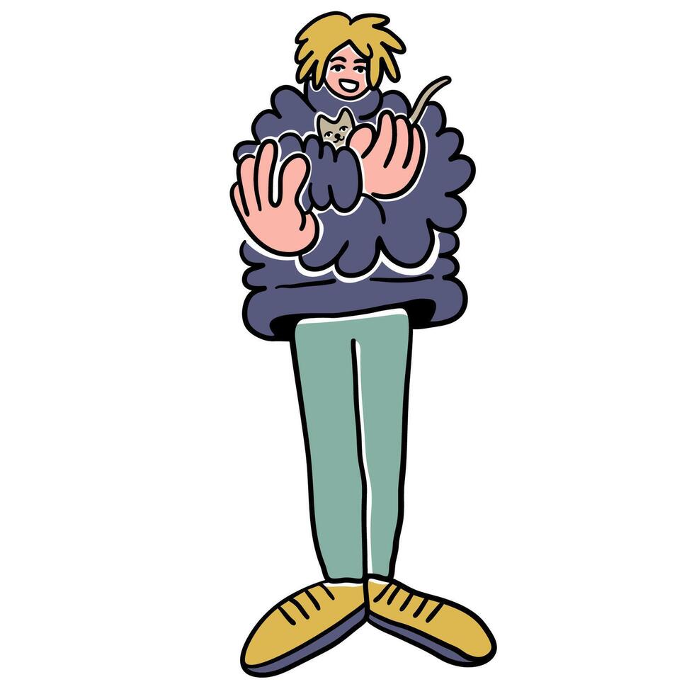 male sit with cat in doodle style in color vector