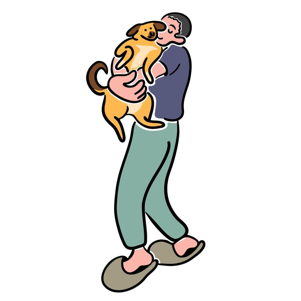 male hug with dog in doodle style in color vector
