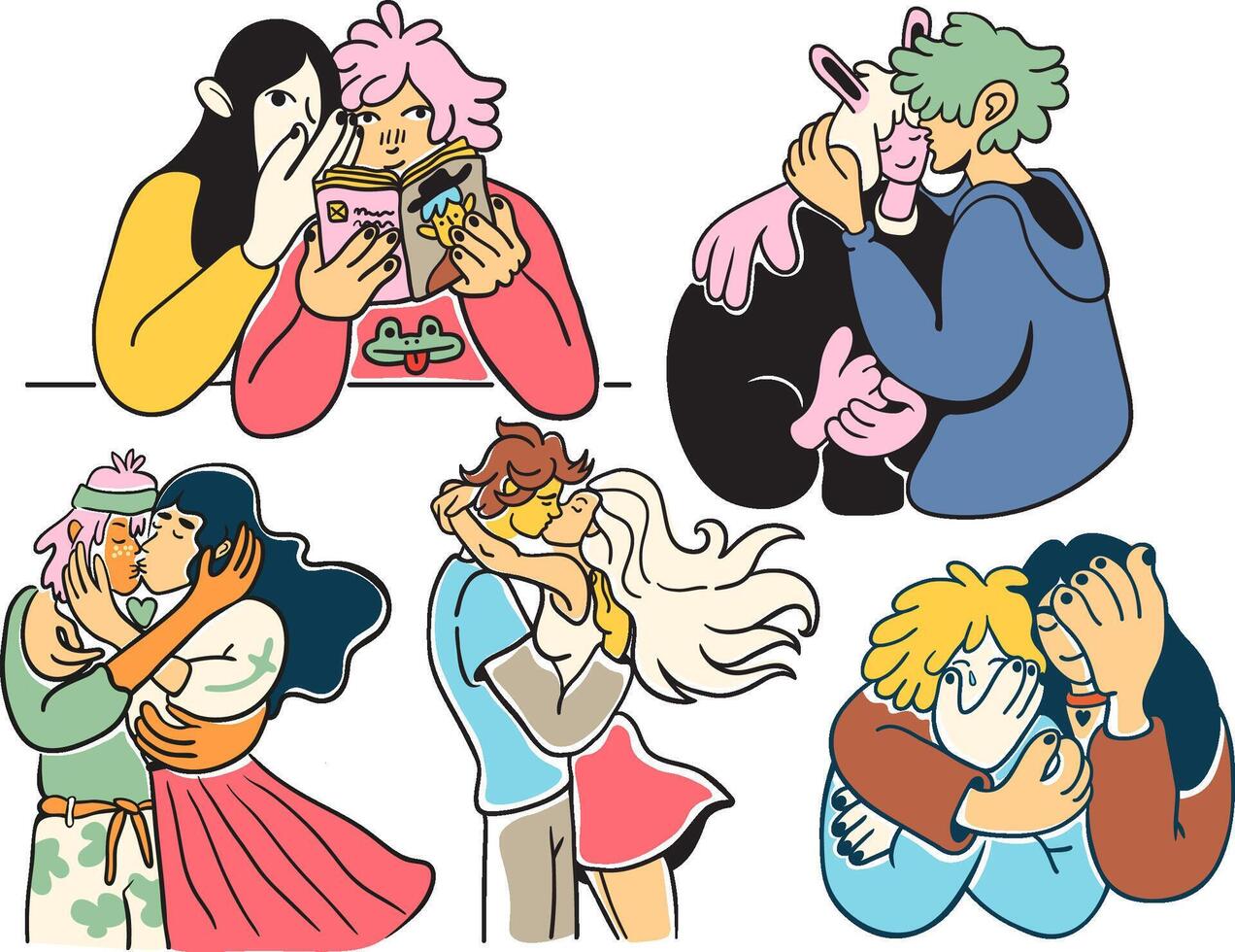 set of romantic couples half body in doodle style in color vector